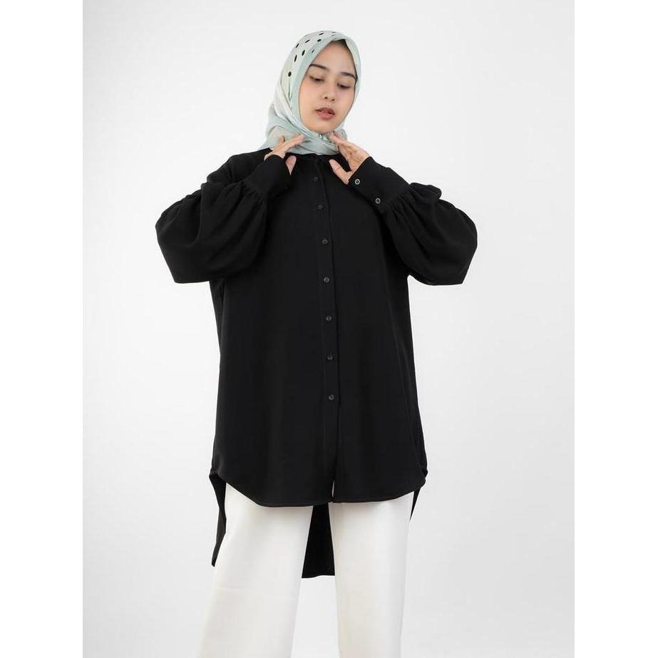 HaymeeIDN - Haifa Tunik | Kemeja Tunik Jumbo Tangan Balon Bahan Jetblack PM
