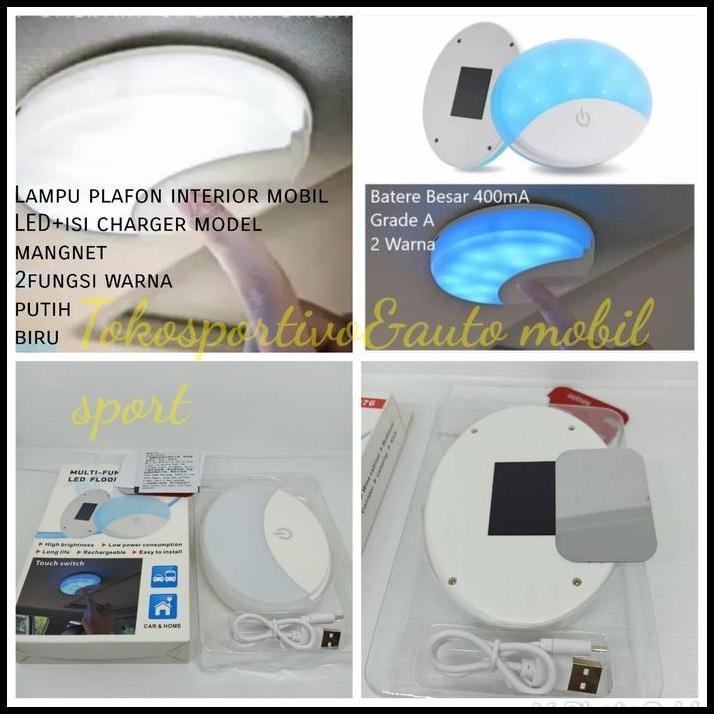 TERBARU LAMPU LED PLAFON INTERIOR MOBIL BULAT MAGNETS+BATERAI CHARGER 2WARNA 
