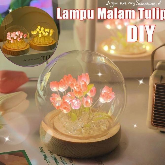 FOWERLEB Lampu Malam Tulip Simulasi DIY Tulip Baterai Dioperasikan Lampu Meja Bunga Tulip Lampu Mala