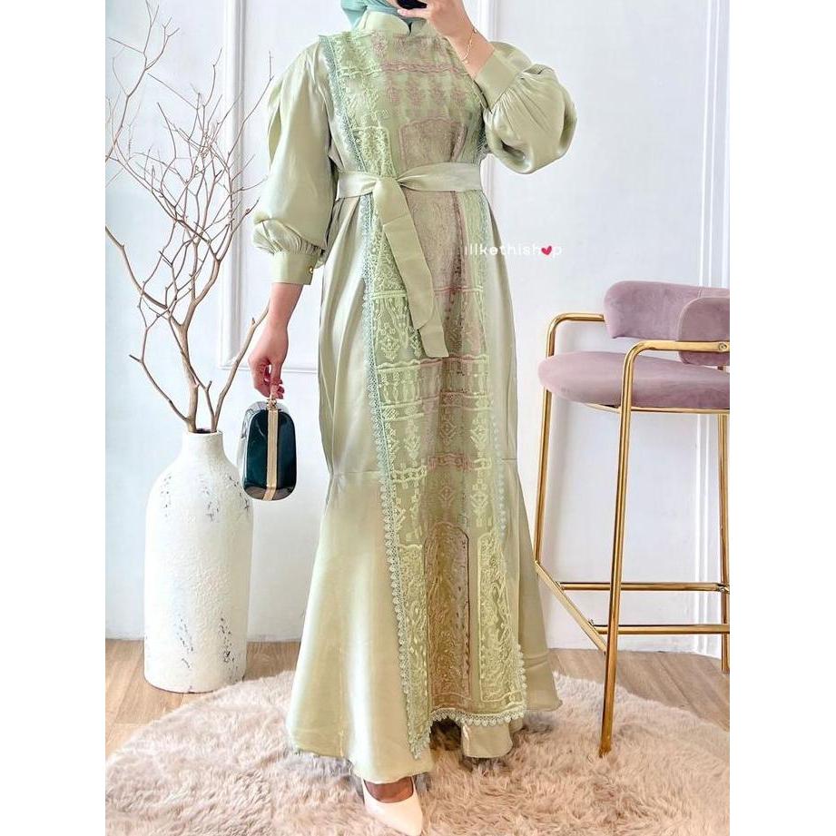 New Atasan Dress Bordir Kombinasi Tile Gauni Elegan Untuk Wanita Modern -  Gamis Muslim Panjang Mewa