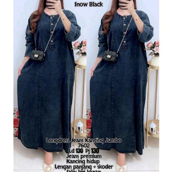 New 7602 Longdress Jeans Kancing Jumbo Wanita |Gamis Ld130|Gamis Jeans Promo Lebaran