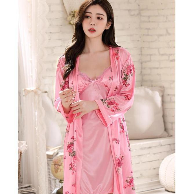 [ Racun Lingerie ]  Set Kimono Dress Lingerie 2IN1 Piyama Nightwear Wanita Dewasa Motif Flower Mewah