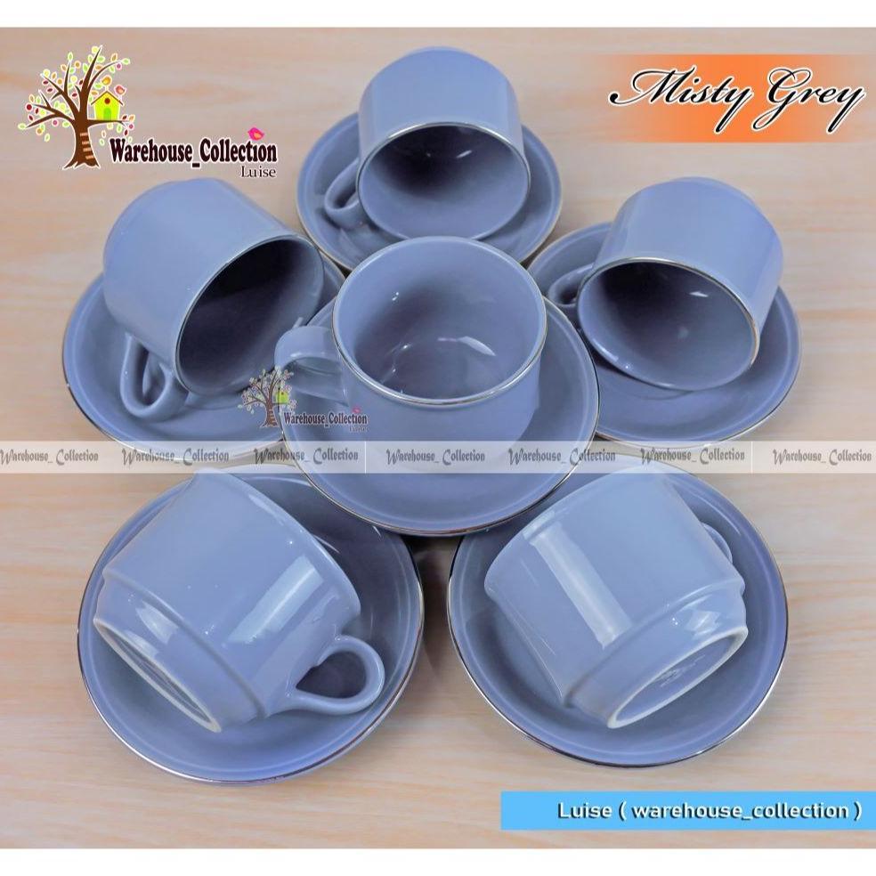 Cangkir Set Warna List Emas ( 6 Cangkir + 6 Tatakan) // Coffee Set Sango Keramik // Sango Cup & Sauc