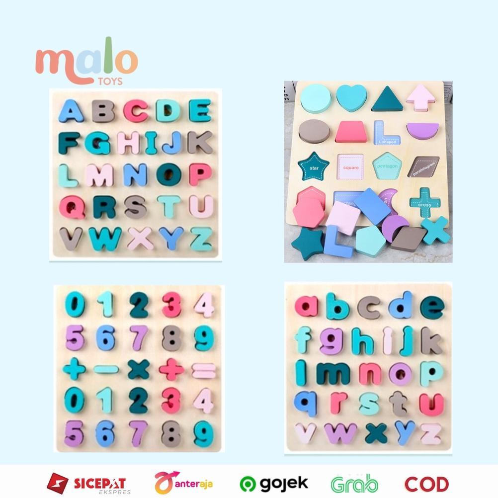 MALOTOYS - OHYE Chunky Puzzle Kayu Alphabet Macaron Capital Letters Lower Number Shapes 3D Mainan Ba