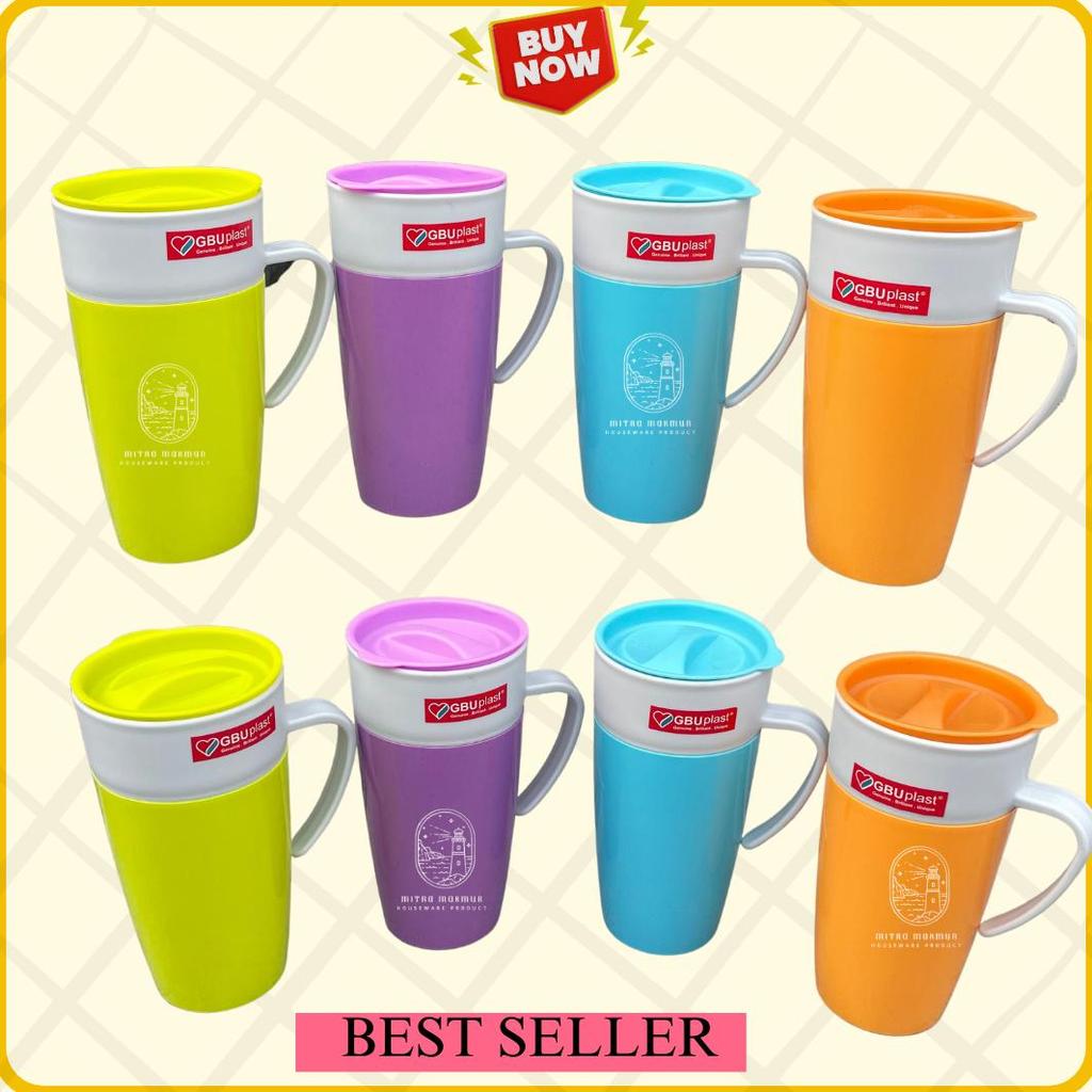 New Mug Plastik Double Layer 550 Ml Ayaka Gbu Plastik Gelas Gagang + Tutup Plastik Baru