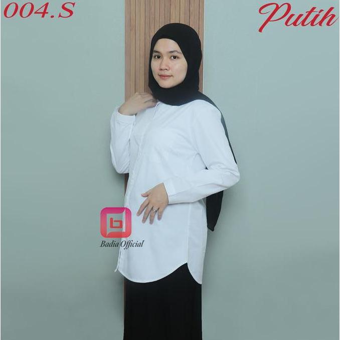kemeja tunik putih tanpa kerah saku kantong depan polos wanita shanghai panjang jumbo premium badia 