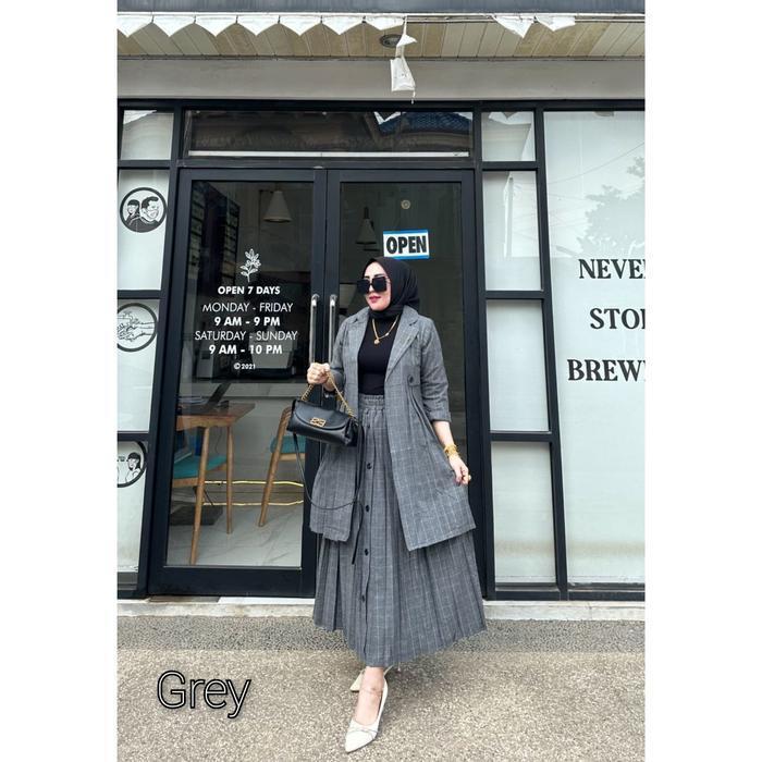 Bisa Cod - Setelan Oneset Rok Blazer Kotak Ceo Plisket Wanita Bahan Flanel Ukuran Standar & Jumbo