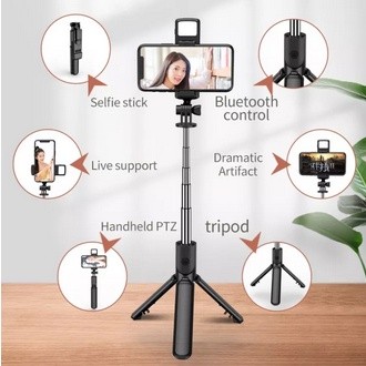 Tripod Tongsis Bluetooth Remote Selfie Stick Led Flash Tripod Hp Portable Rotatable Expandable