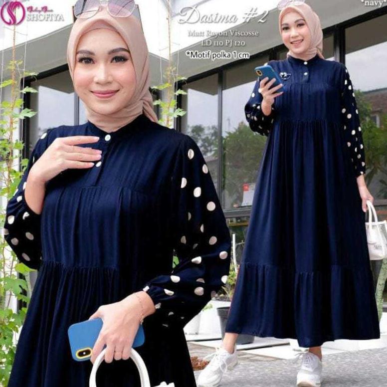 DISKON GAMIS POLOS KOMBINASI LENGAN POLKADOT MIDI DRESS TERBARU