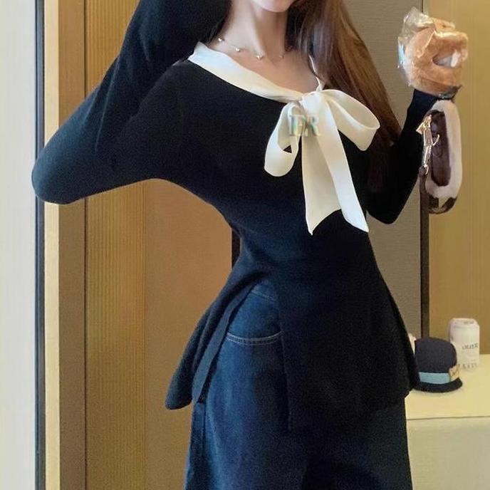 EFLUDOP LNR Shop Atasan Tunik Bahan Rajut Halus Dengan Tali Pita Belah Samping Bawah Lengan Panjang 