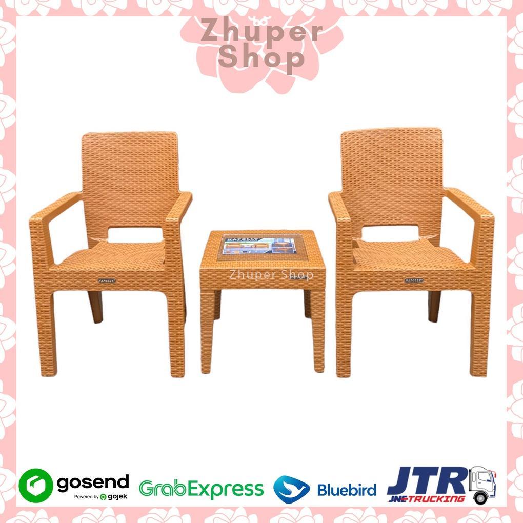 1 Set 2 Kursi Teras Napolly Big 8R3 + Meja Mapan 45 | Kursi Taman Plastik | Bangku Plastik Modern | 