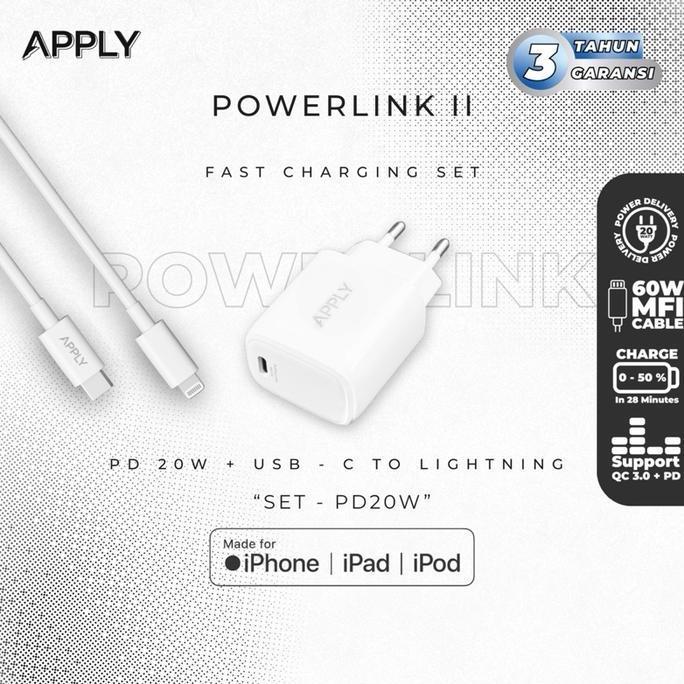 [GARANSI 3 TAHUN] Apply - MFI POWERLINK II - 1 Set Charger iPhone PD20W + MFI Cable Lightning 60W Fo