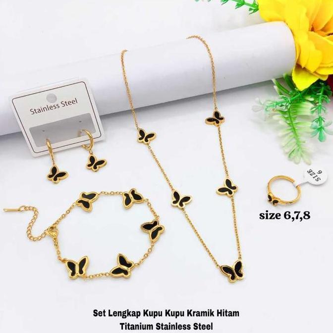 SET KUPU KUPU HITAM TITANIUM KALUNG GELANG ANTING CINCIN