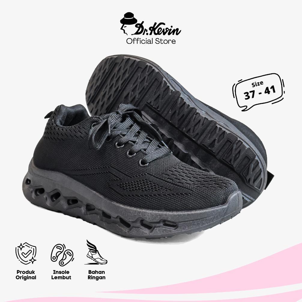 FLASH SALE Dr. Kevin Sepatu Olahraga Sport Wanita Sneakers Rajut Tali Sepatu Sekolah Hitam 589-095