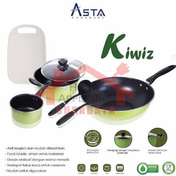 NEW ASTA Kiwiz Panci Wajan Goreng Cookware Set Teflon Anti Lengket 7 PCS Hijau Food Grade dengan War