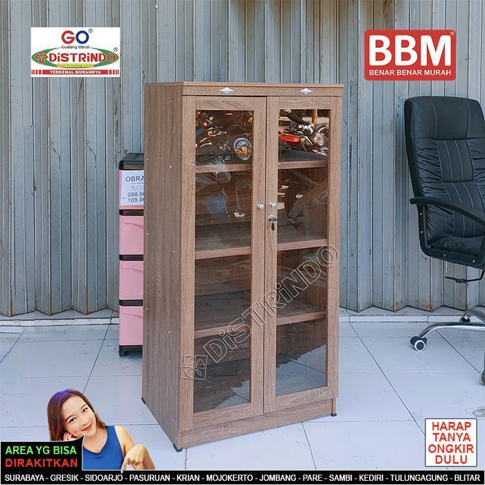 Distrindo - Bufet Lemari Hias Etalase Pintu Kaca+ 2 Kunci Rak Tebal Bisa untuk Buku Tas Kosmetik