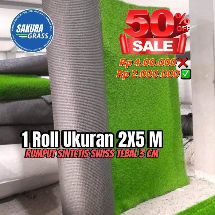 PROMO RUMPUT SINTETIS 1 ROLL TIPE SWISS TEBAL 3 CM UKURAN 2X5 METER