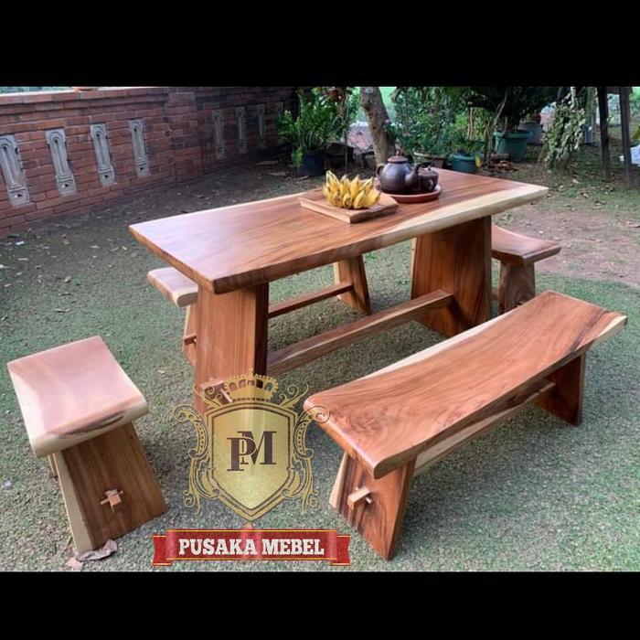 set meja makan kayu panjang, meja makan outdoor, meja makan kayu kebun