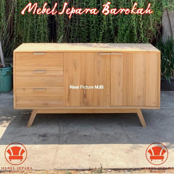Bufet TV Credenza Kayu Jati Minimalis Meja TV Tinggi 80 cm 3 Laci