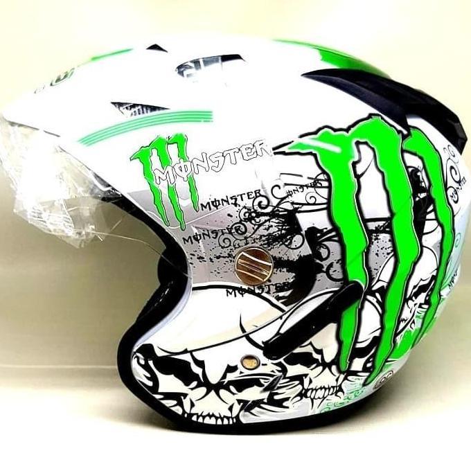 Helm Helmet Helem double visor BXP motif monster Putih Hijau