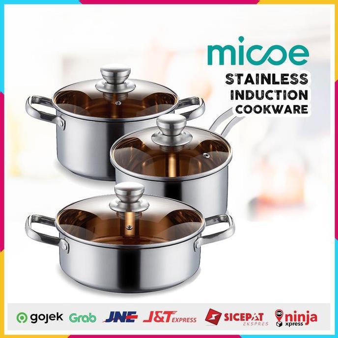 Cookware Pan Set Paket Panci Stainless Glass Lid Kompor Induksi Micoe