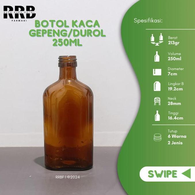 Botol kaca gepeng coklat 250ml KEMASAN KOPI/ FARMASI botol amber 250ml