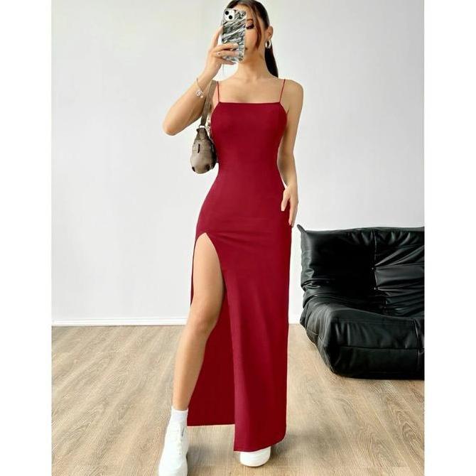 BRAVECOU Dress Party Maxi Long Belah Wanita Tanktop Dress Panjang Belah Korean Style Hitam Elegan de