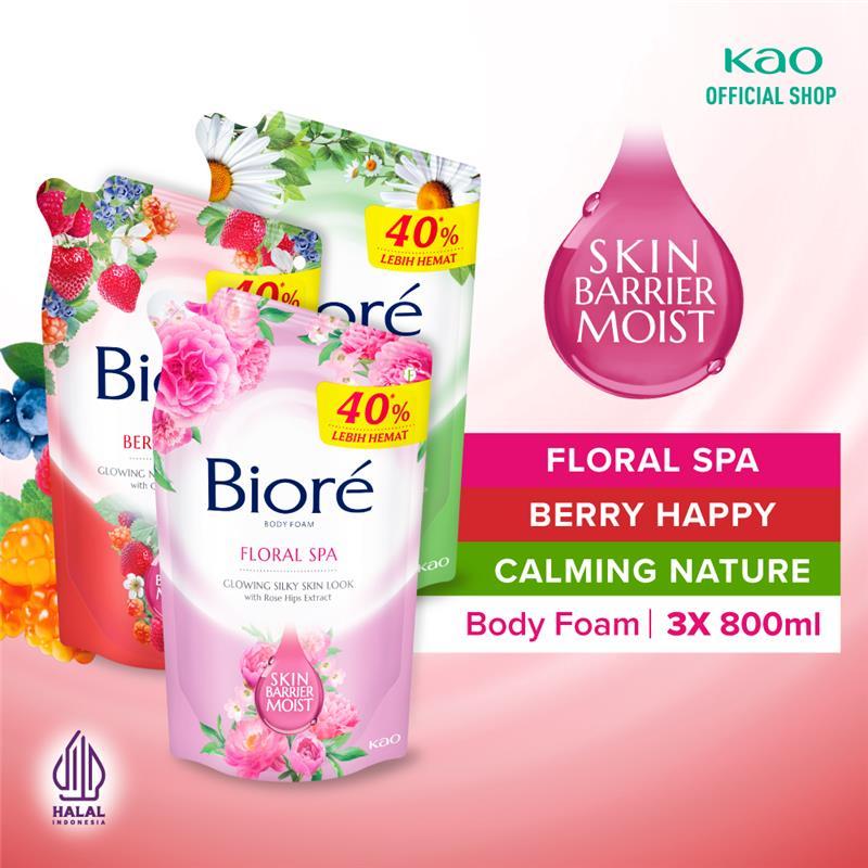 Biore Body Foam Sabun Mandi Berry Happy 800ml + Calming Nature 800ml + Floral Spa 800ml Pouch