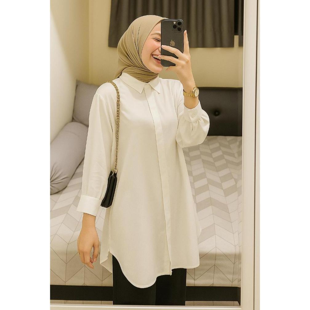Hemat Kemeja Tunik Polos Wanita Tangan Panjang Premium Bahan Rayon Twill Warna Merah Putih Hitam Pin