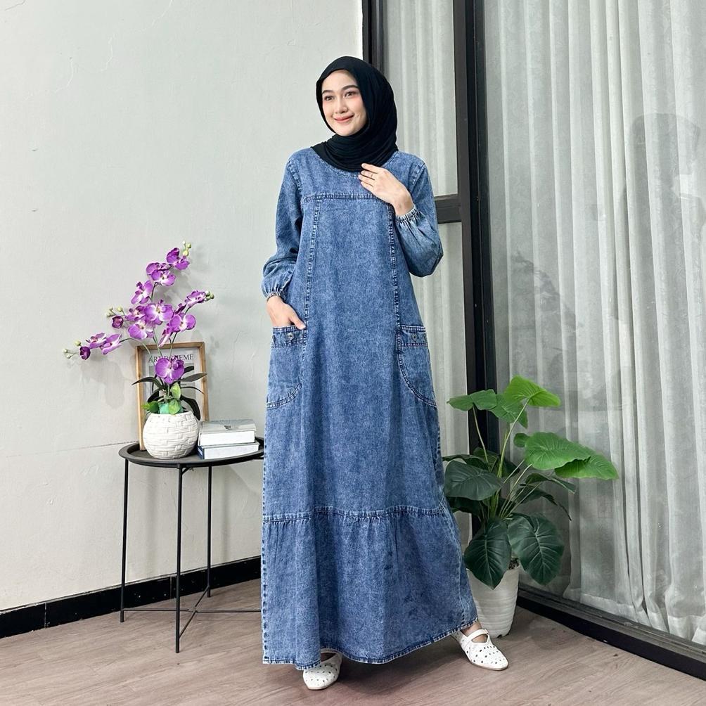 Tahan Lama Gamis Susun Jeans Wanita Non Busui Rempel Bawah