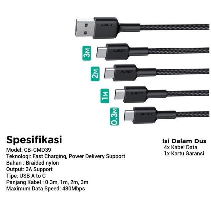 Aukey CB-CMD39 Kabel Charger 30cm 1M 2M 3M USB Type A to C 3A 60W PD