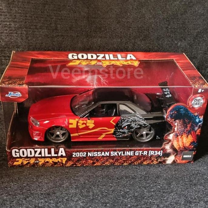 Diecast 1:24 Nissan Skyline GT-R R34 Godzilla [JADA] Buka Pintu, Kap Mesin, Bagasi