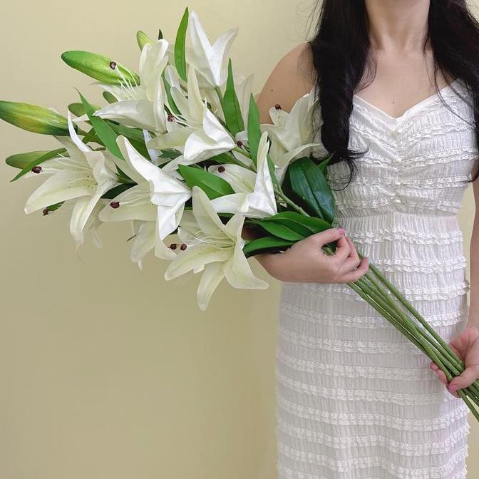 Bunga Lily Latex Besar Jumbo 4 Cabang Bunga Hias Premium Tangkai 108cm