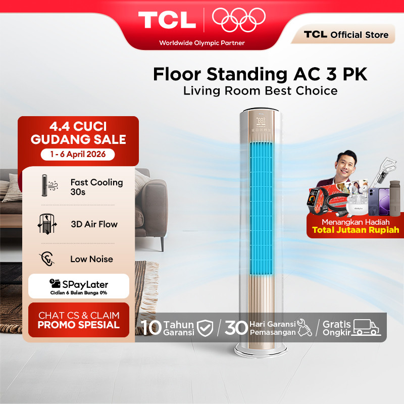TCL AC Floor Standing 3 PK Cepat Dingin - 3D Air Flow - Suara Senyap - I Feel - Unique Grill Design 