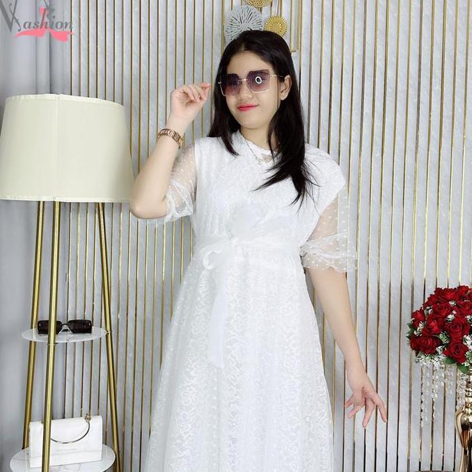 Kleid- Longdress Brukat Kombinasi Tile Tutu Polos Putih 20110 Gaun Vima Premium Panjang Wanita