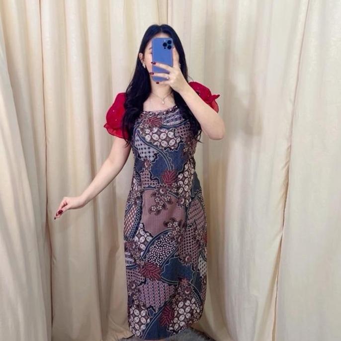 Kleid- Batik Safira Dress Pesta Wanita Model Sabrina Batik Modern Dengan Bahan Kombinasi Batik Dan O