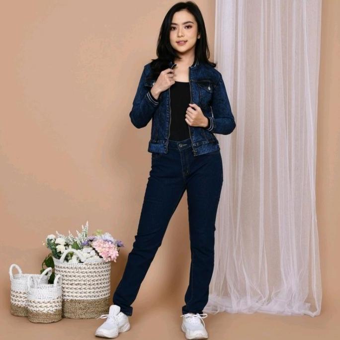 Hose- Jaket Jeans Wanita Terbaru Jumbo Bomber Snow Resleting Denim Stretch Cewek Tangan Panjang Oute