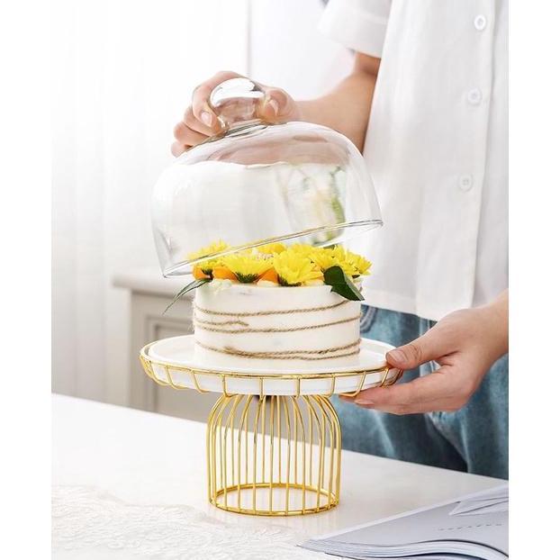 Piring Kue Berdiri Tempat Kue Saji dengan Tutup - Golden Cake Stand JS
