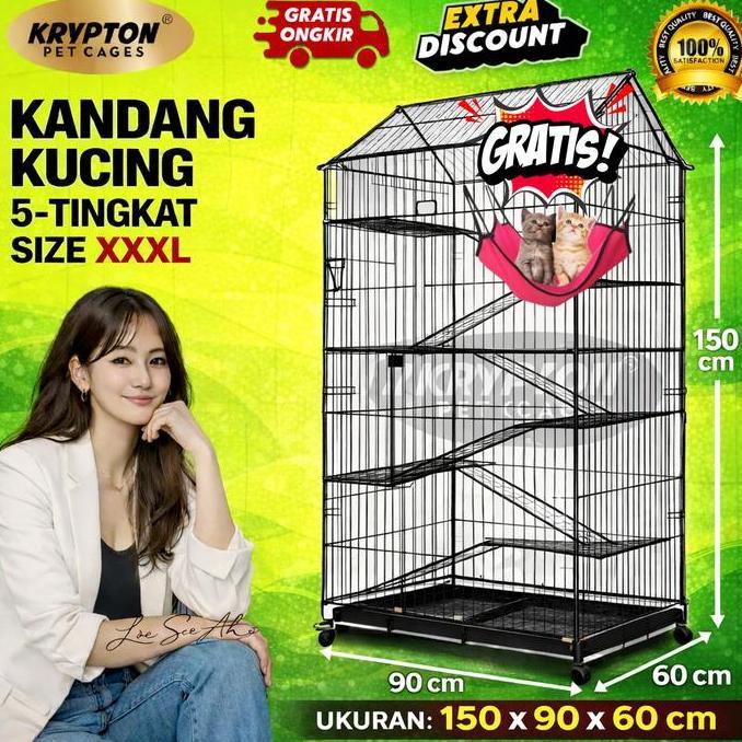 Kandang Kucing Tingkat 5 EXTRA JUMBO 150x90x60 + RODA Model Rumah