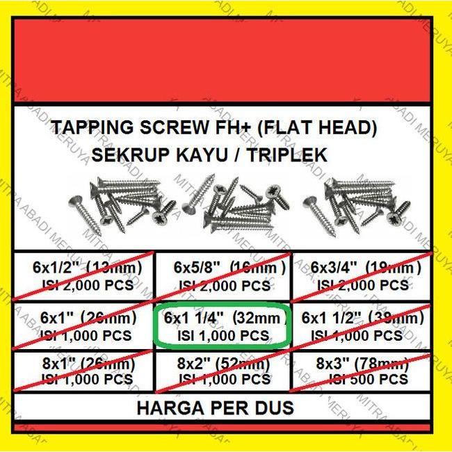 Sekrup Kayu Sekrup Tapping Screw Fh 6 X 1 14 32 Mm 1 Dus