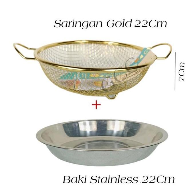 Keranjang Buah Estetik Warna Gold Kombinasi Nampan Stainless Saringan Peniris Elegan Sultan Tiris Mi