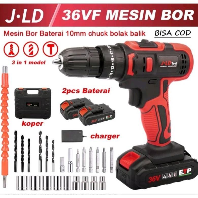 JLD 36Vf Mesin bor baterai 10mm besi tembok beton kayu impact bor cordless