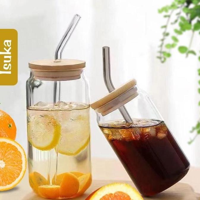 Taberu- Gelas Kaca Unik Sedotan Kaca Tutup Kayu Water Glass Gelas Aesthetic Korea Tea Cup Glas