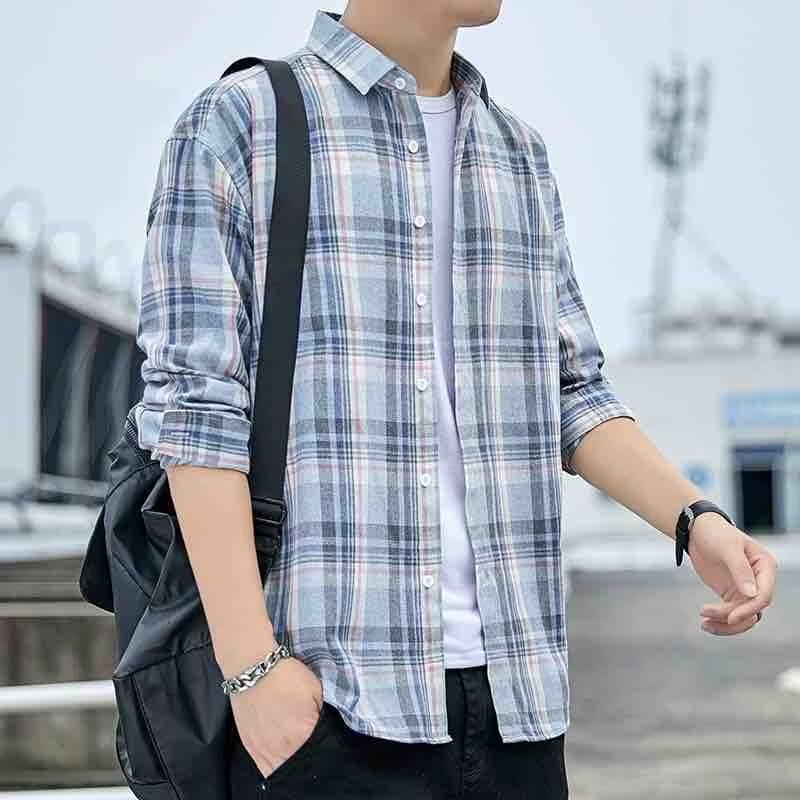 Kemeja kotak-kotak pria, jaket kerja gaya Jepang yang longgar, kemeja lengan panjang, atasan gaya Ko