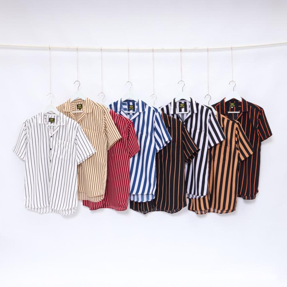 SUPER DEAL kemeja stripe hawai v-neck pria hem salur garis - garis terlaris kemeja pria lengan pende