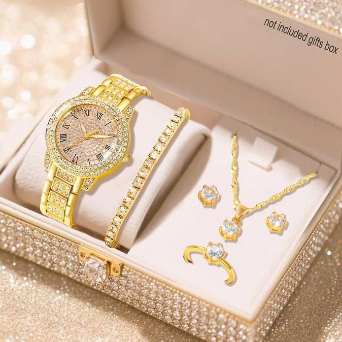 5pcs Set Jam Tangan Wanita Jam Tangan Kuarsa Elegan Dan Perhiasan Set Mode Jam Tangan Bulat Kalung B