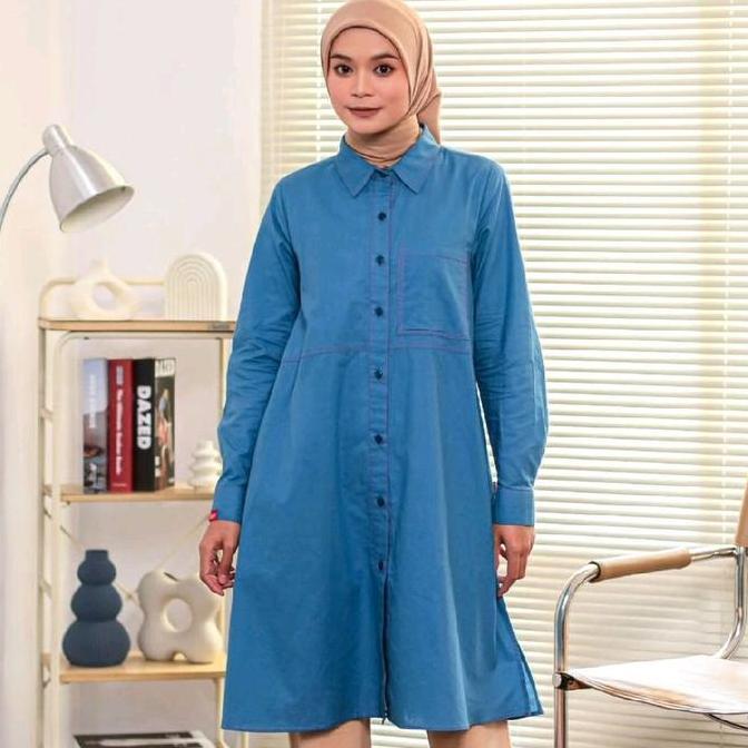 Dauky L Tunic Basic Cotton kancing depan polos wudhu friendly Muslim Wanita Tunik Atasan Katun Panja
