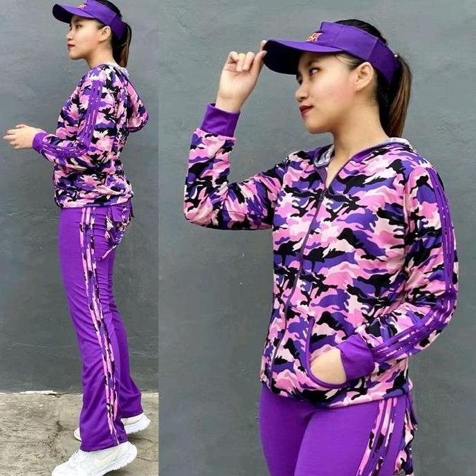 Setelan Baju Senam motif Baju Gym Fitness Baju Olahraga Panjang Muslim Setelan Army ungu