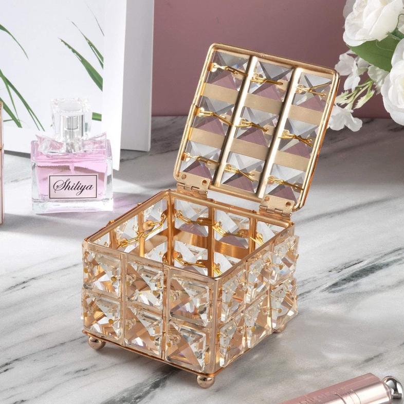 GYN Tempat Kotak Perhiasan Kristal Gold/ Crystal Jewelry Accesoris Organizer Kotak Kristal Mini Emas