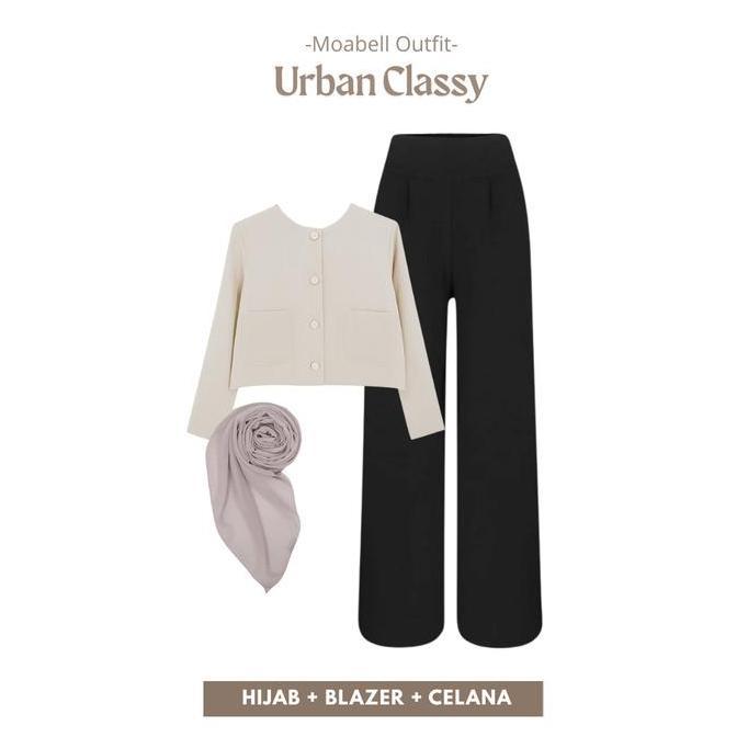 Urban Classy One Set Premium (Blazer + Celana Kulot + Hijab Segiempat) Setelan Wanita Kekinian Atasa